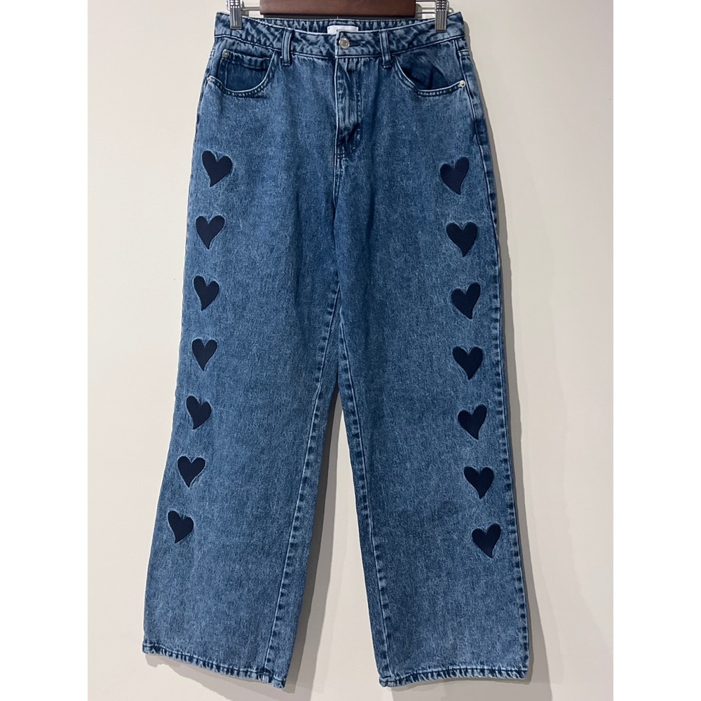 Forever 21 Y2K 90s Fit Heart Patch Wide Leg Jeans Medium Wash Blue Size 28